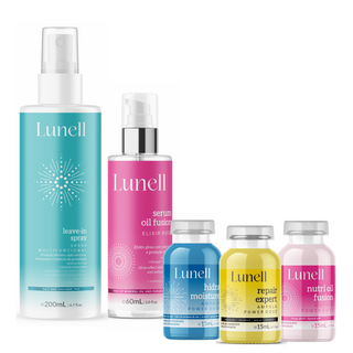 Kit Cronograma Capilar Lunell + Leave-in Spray + Sérum (5 Produtos)